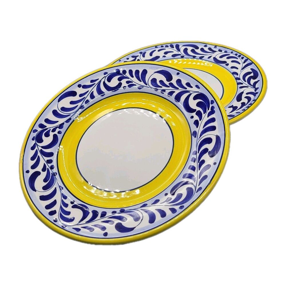 Deruta Set (2) Salad Plates 8" Italy Blue Scroll Yellow Band Hand Painted New